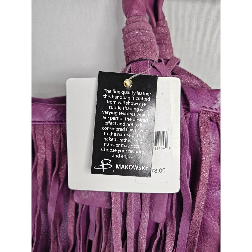 B. Makowsky Cabernet Purple Leather Fringe Tote Bag Hobo Purse NWT A212792 - Picture 5 of 16